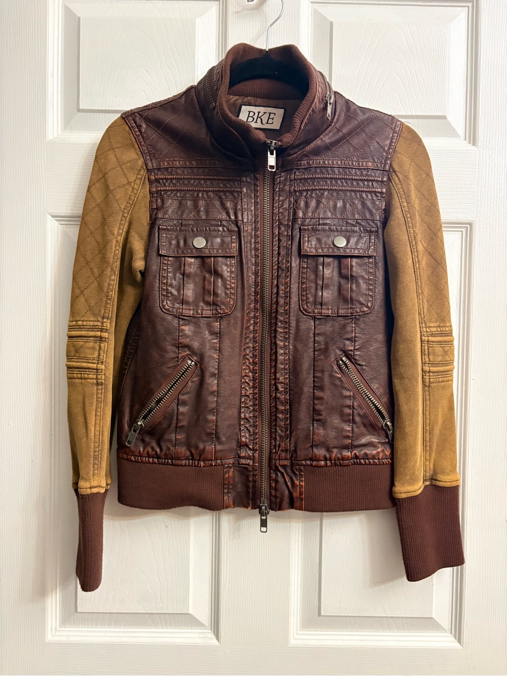 BKE Two-Tone Brown Leather Jacket with Tan Knit Sleeves